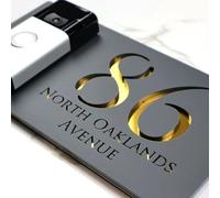 Mr Plaques Bellissima DB A4 Floating House Sign Personalised Acrylic Door Bell Address Plaque Custom Name Number Modern Outdoor House Plate with Fixing Kit (Gray & Gold Mirror)