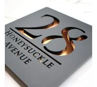 Mr Plaques Bellissima S1 Floating House Sign Personalised Acrylic Door Plaque Modern Square Address Sign Custom Name Number Weatherproof Outdoor House Plate with Fixing Kit (Grey & Copper Mirror)