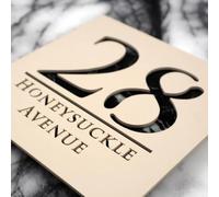 Mr Plaques Bellissima S1 Floating House Sign Personalised Acrylic Door Plaque Modern Square Address Sign Custom Name Number Weatherproof Outdoor House Plate with Fixing Kit (Cream & Black Marble)