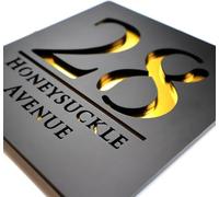 Mr Plaques Bellissima S1 Floating House Sign Personalised Acrylic Door Plaque Modern Square Address Sign Custom Name Number Weatherproof Outdoor House Plate with Fixing Kit (Black & Gold Mirror)