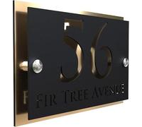 Mr Plaques Simpatico A5 Floating House Sign Personalised Acrylic Door Plaque Compact Address Sign Custom Name Number Modern Outdoor House Plate (Black & Gold Mirror)