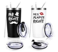 Mr. Right Mrs. Always Right Travel Tumbler Set, Wedding Engagement Gifts for Husband Wife Newlywed Couples Bride Groom Anniversary Bridal Shower, 20oz Stainless Steel Travel Tumbler, Black and White