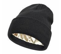 MR Satin Lined Beanie Hat for Women & Men - Winter Warm Knit Cap with Soft Silky Lining | Unisex Slouchy Beanie for Natural Hair Protection, Curly & Wavy Styles (UK, Alpha, One Size, Black)