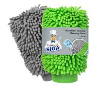MR.SIGA Microfiber Car Wash Mitt, Chenille Wash Mitt for Car Washing | Super absorbent and scratch free, noodle gloves for lifting dirt from car, pack of 2, green & grey