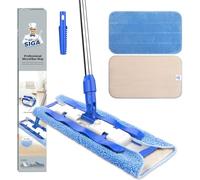 MR.SIGA Professional Microfibre floor Mop for Hardwood, Laminate, Tile Floor Cleaning, Stainless Steel Telescopic Handle - 3 Reusable Microfibre Cloths and 1 Dirt Removal Scrubber included