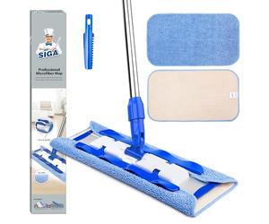 MR.SIGA Professional Microfibre floor Mop for Hardwood, Laminate, Tile Floor Cleaning, Stainless Steel Telescopic Handle - 3 Reusable Microfibre Cloths and 1 Dirt Removal Scrubber included