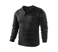 Mr.Stream Men's 3 Button Full Long Sleeve Pocket Work Henley T-Shirts Relaxed Fit 100% Cotton Heavyweight Tees, Black, Large