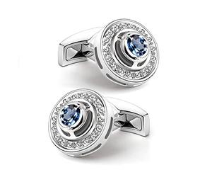 Mr.Van Classic Round Shape Cufflinks Navy Blue Crystal Cufflinks for Men, Business, Wedding, Party, Elegant Style