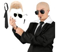 Mr Worldwide Costume Accessory Set - 4 Piece Adult Fancy Dress Kit with Bald Cap, Black Tie, Spiv Moustache & Sunglasses - Concert Tour Stag Do Halloween Party Outfit