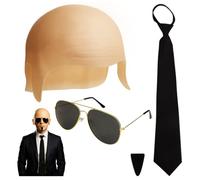 Mr Worldwide Costume Accessory Set of 4, Fancy Dress Kit with Bald Cap, Sunglasses, Spiv Moustache and Black Tie, Adult Party Outfit for Halloween, Music Festival, Stag Do and Theme Parties