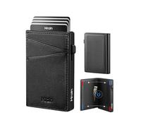Mrain Men's Slim Premium Leather Wallet Pop Up Card Holder RFID Blocking Metal Wallet with Push Button Minimalist Design for Credit Card Holder Magnetic Closure, Black, 0.6*3.95*2.56 inches