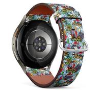 MRAKPLGE Leather Watch Band, Decorative Graffiti Spray Can Characters Pattern, Compatible with Samsung Galaxy Watch 7/6/5/4/FE, Watch 5 Pro, 6 Classic, 4 Classic, Replacement Strap