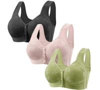 Mrat 3 Pack Front Fastening Bras Women UK Daisy Print Wireless Push Up Bra Full Coverage Front Closure Sports Bras Women Soft Comfort Underwear Wide Shoulder Straps Ladies Bra Sleep Underwear Bralette