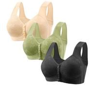 Mrat 3 Pack Sports Bras Women Front Close Button Bras Wireless Push Up Wide Straps Breathable Bra No Underwire SleepBras Front Fastening Bra Ladies Comfy Lingerie Underwear Bralette Large Size UK 6XL