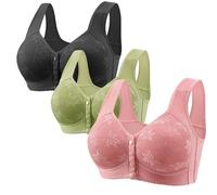 Mrat 3 Pack Sports Bras Women Front Close Button Bras Wireless Push Up Wide Straps Breathable Bra No Underwire SleepBras Front Fastening Bra Ladies Comfy Lingerie Underwear Bralette Large Size UK 6XL