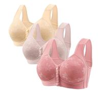 Mrat 3 Pack Sports Bras Women Front Close Button Bras Wireless Push Up Wide Straps Breathable Bra No Underwire SleepBras Front Fastening Bra Ladies Comfy Lingerie Underwear Bralette Large Size UK 6XL