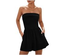 Mrat Bandeau Jumpsuits for Women Uk with Pockets One-Piece Off Shoulder Rompers Summer Casual One Piece Strapless Tube Top Sexy Sleeveless Ladies Playsuit Skort Short Jumpsuit Beach Vacation
