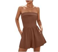 Mrat Bandeau Jumpsuits for Women Uk with Pockets One-Piece Off Shoulder Rompers Summer Casual One Piece Strapless Tube Top Sexy Sleeveless Ladies Playsuit Skort Short Jumpsuit Beach Vacation