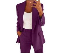 Mrat Blazer Suit Set Women UK 2 Pieces Outfits Elegant Business Work Wear Suit Solid Color Ruched Sleeve Blazer Jackets Open Front Lapel Tops Wide Leg Trousers Ladies Plus Size Wedding Guest S-5XL