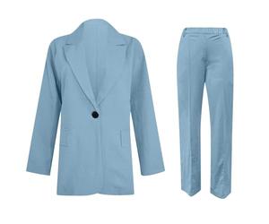 Mrat Blazer Suit Set Women UK 2 Pieces Outfits Elegant Business Work Wear Suit Solid Color Ruched Sleeve Blazer Jackets Open Front Lapel Tops Wide Leg Trousers Ladies Plus Size Wedding Guest S-5XL
