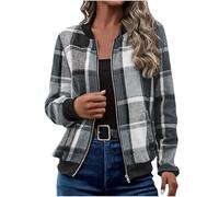 Mrat Bomber Jacket Women Plaid Lightweight Jackets Long Sleeve Zip Up Flight Jacket Ladies Elegant Outwear Coats Baseball Jackets Checked Casual Comfy Slim Fit Tops Pullover Open Front Cardigans S-2XL