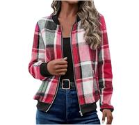Mrat Bomber Jacket Women Plaid Lightweight Jackets Long Sleeve Zip Up Flight Jacket Ladies Elegant Outwear Coats Baseball Jackets Checked Casual Comfy Slim Fit Tops Pullover Open Front Cardigans S-2XL