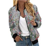 Mrat Bomber Jacket Women's Zip up Flight Jackets Long Sleeve Windbreaker Floral Casual Flower Pattern Tops Baseball Collar Coats Fashion Outwear Pockets Pullover Cardigans Lightweight Quilted Coat