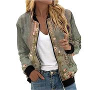 Mrat Bomber Jacket Women's Zip up Flight Jackets Long Sleeve Windbreaker Floral Casual Flower Pattern Tops Baseball Collar Coats Fashion Outwear Pockets Pullover Cardigans Lightweight Quilted Coat