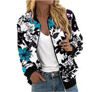 Mrat Bomber Jacket Women's Zip up Flight Jackets Long Sleeve Windbreaker Floral Casual Flower Pattern Tops Baseball Collar Coats Fashion Outwear Pockets Pullover Cardigans Lightweight Quilted Coat