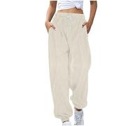 Mrat Corduroy Trousers Women Elasticated Waist Solid Color Loose Straight Leg Pants Casual Slim Fit Pants Dailywear Vintage Wide Leg Baggy Trouser with Pockets Drawstring Lightweight Relax Fit