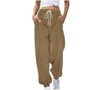 Mrat Corduroy Trousers Women Elasticated Waist Solid Color Loose Straight Leg Pants Casual Slim Fit Pants Dailywear Vintage Wide Leg Baggy Trouser with Pockets Drawstring Lightweight Relax Fit