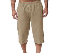 Mrat Cotton Linen Shorts for Men UK Loose Casual Solid Color Cropped Pants Drawstring Elastic Waist Capri Trousers Baggy Comfy Lightweight Outdoor Shorts Workout Athletic Sports Fitness Clearance