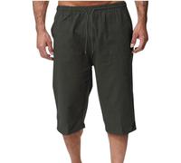 Mrat Cotton Linen Shorts for Men UK Loose Casual Solid Color Cropped Pants Drawstring Elastic Waist Capri Trousers Baggy Comfy Lightweight Outdoor Shorts Workout Athletic Sports Fitness