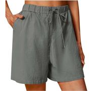 Mrat Cotton Linen Shorts for Women UK Elasticated Waist Shorts with Pockets Summer Casual Shorts Drawstring Wide Leg Shorts Solid Color Comfortable Bottoms Straight Leg Loose Pants Beach Holiday S-5XL