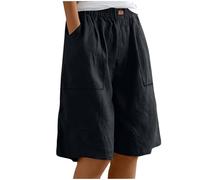 Mrat Cotton Linen Shorts Womens Knee Length Loose Wide Leg Pants Pockets Elastic Waist Casaul Plain Long Summer Bermuda Cargo Work Shorts Baggy Hotpants Culottes Going Out Workout Fitness Deals Sale