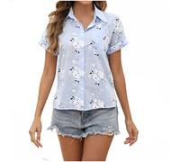 Mrat Cotton Linen Tops For Women Uk Ladies Tops Turn Down Collar Short Sleeve T-Shirt Elegant Tees Floral Print Shirt Blouse Casual Button Up Tee Shirt Elegant Office Shirts Uk Size Light Blue XL