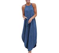 Mrat Denim Dresses for Womens UK Loose Party Club Dresses Ladies Swing Plus Size Sleeveless Halter Neck Long Dress Baggy Maxi Wedding Guest Elegant Summer Casual Streetwear