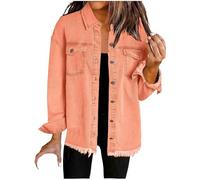 Mrat Denim Jackets for Women UK Formal Stretch Vintage Wash Coat Long Sleeve Rolled Up Button Down Jacket Pockets Boyfriend Jean Jacket Casual Autumn Jean Blazer Outerwear Cardigan Solid Blouse