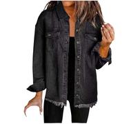 Mrat Denim Jackets Women Uk Western Button Down Frayed Hem Shacket Jeans Coat Ripped Boyfriend Washed Jacket with Pockets Ladies Long Sleeve Blouse Cardigans Shirts Trucker Light Jacket Black