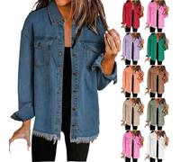 Mrat Denim Jackets Women Uk Western Oversized Button Frayed Hem Shacket Jeans Coat Ripped Boyfriend Washed Jacket with Pockets Ladies Long Sleeve Blouse Cardigans Shirts Trucker Light Jacket Blue