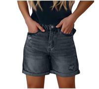 Mrat Denim Shorts Women UK High Waist Frayed Hem Ripped Summer Jeans Short Hotpants Pocket Button Ladies Cropped Trouser Casual Stretchy Workout Tummy Control Sports Fitness Work S M L XL Sale Blue