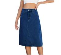 Mrat Denim Skirt with Pockets for Women UK Stretch Mid Wash Fitted A Line Skirts Ladies Elegant Bodycon Jeans Work Office Knee Length Skirts Flattering Slimming Midi Waisted Skirt Y2k Streetwear