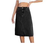 Mrat Denim Skirt with Pockets for Women UK Stretch Mid Wash Fitted A Line Skirts Ladies Elegant Bodycon Jeans Work Office Knee Length Skirts Flattering Slimming Midi Waisted Skirt Y2k Streetwear