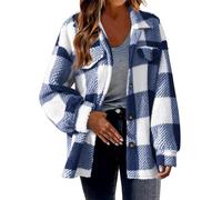 Mrat Fleece Coat for Women Plaid Jackets Winter Warm Shacket Flannel Checked Cardigan Long Sleeve Button Down Jacket Stand Collar Vintage Overcoat Shirt Fuzzy Jumper Sweatshirt Hoodies S-5XL