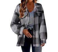 Mrat Fleece Coat for Women Plaid Jackets Winter Warm Shacket Flannel Checked Cardigan Long Sleeve Button Down Jacket Stand Collar Vintage Overcoat Shirt Fuzzy Jumper Sweatshirt Hoodies S-5XL