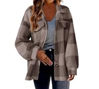 Mrat Fleece Coat for Women Plaid Jackets Winter Warm Shacket Flannel Checked Cardigan Long Sleeve Button Down Jacket Stand Collar Vintage Overcoat Shirt Fuzzy Jumper Sweatshirt Hoodies S-5XL