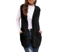 Mrat Fleece Gilet for Women UK Sherpa Bodywarmers Vest Tops Hooded Lightweight Cozy Long Coat Ladies Sleeveless Outwear Jacket with Pockets Plush Fluffy Waistcoat Winter Warm Gilets Loose, Solid Color