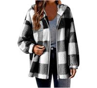 Mrat Fleece Jacket Women - Plaid Sherpa Coat, Checkered Winter Warm Jackets, Oversized Zip Up Coats, Ladies Outwear Bodywarmer, Fluffy Lightweight Cozy, Loose Fit Hoodie, Blanket Soft Jumper S