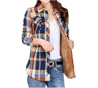 Mrat Fleece Lined Jackets for Women Uk Plaid Flannel Shirt Shacket with Pocket Long Sleeve Button Down Winter Warm Coat Ladies Fluffy Fuzzy Shirts Sherpa Oversized Sweatshirt Sweater Lumberjacket