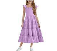 Mrat Girls Dress Summer Square Neck Dresses Ruffled Puff Sleeve A-Line Skirt Kids Solid Casual Birthday Party Wedding 3-13 Years Elegant Summer Clothes Little Bridesmaids Princess Prom Petticoat Deals